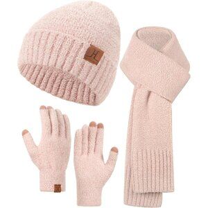 Women Pink Winter Hats  Beanie Scarf Cold Weather Touchscreen Gloves Gift Set